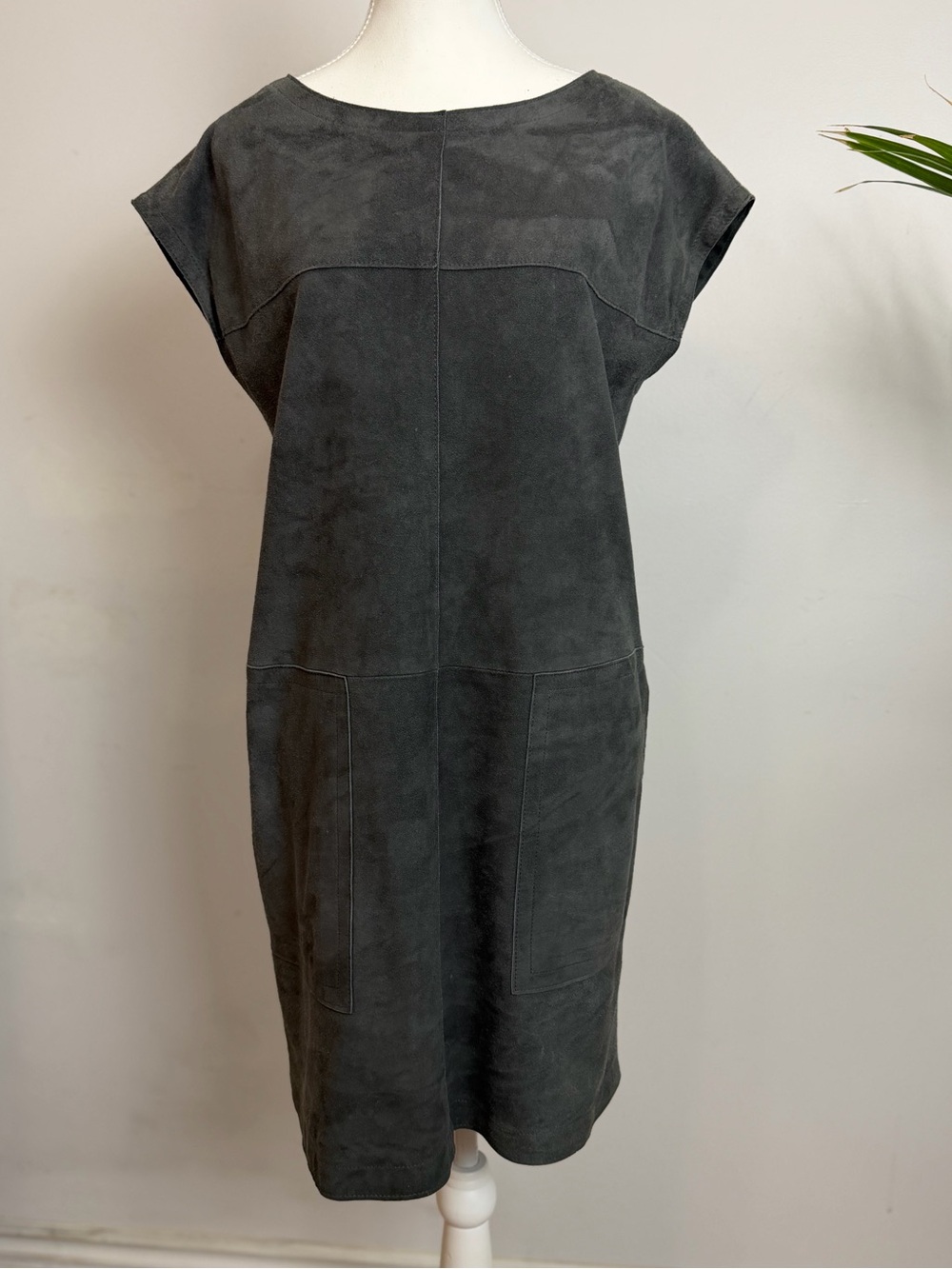 Eileen Fisher 100% Goat Suede Leather Charcoal Cocoon Midi Dress XS